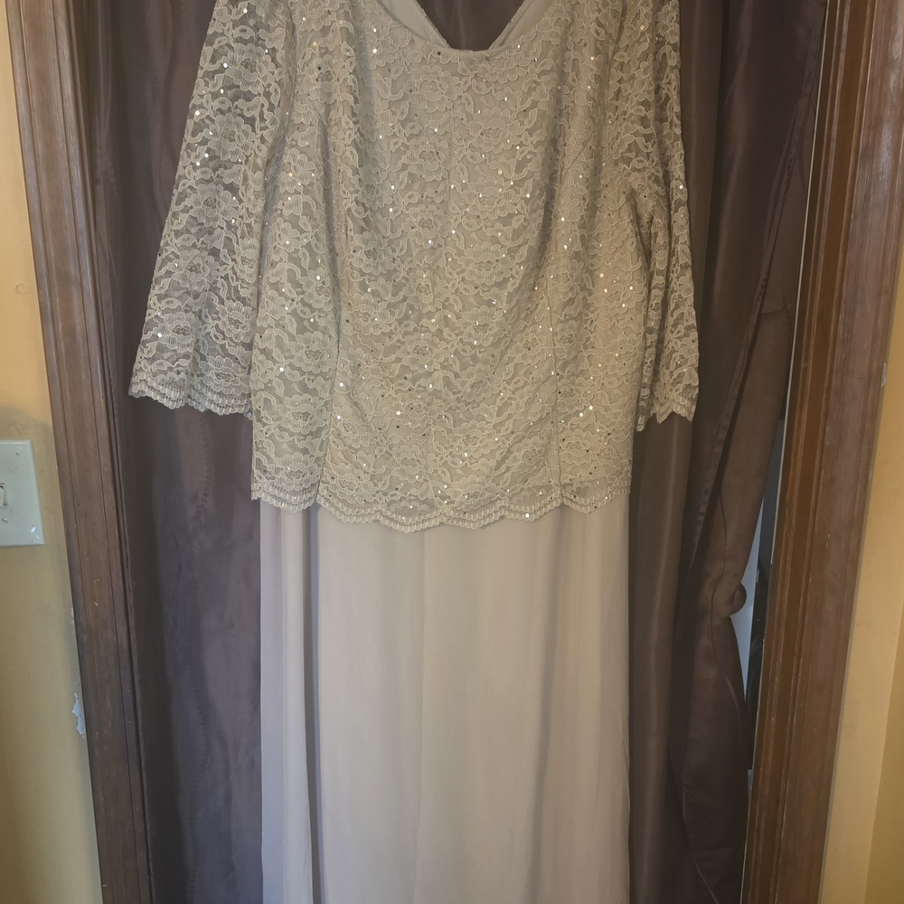 Roaman's Beaded Lace Long Sleeve Evening Dress in Champagne
